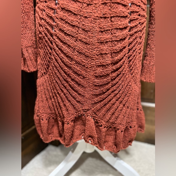 ROSIE NEIRA ANTHROPOLOGIE Rust Crochet Cotton Knit Open Longer Cardigan Duster M - Picture 11 of 14